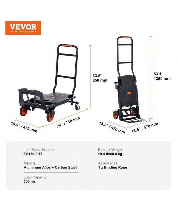 300 lbs Folding Hand Truck 2 in 1 Aluminum Lightweight Platform