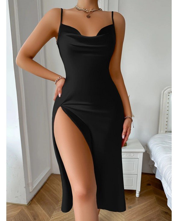 Women's Elegant Solid Satin Nightdress Slim Strap High Slit Women's Elegant Solid Satin Nightdress Slim Strap High Slit