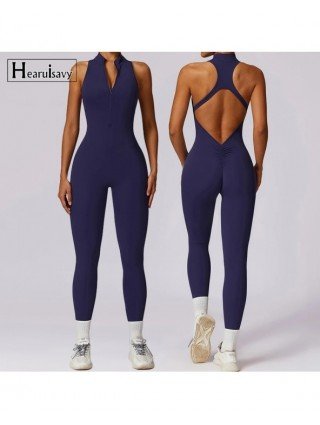V Back One-piece Suit Women Sports Jumpsuit Zippers Yoga