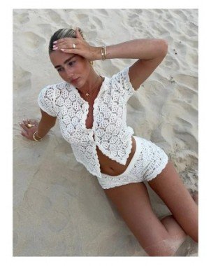 Women Crochet Hollow Out Top Shorts Set Fashion Round Neck