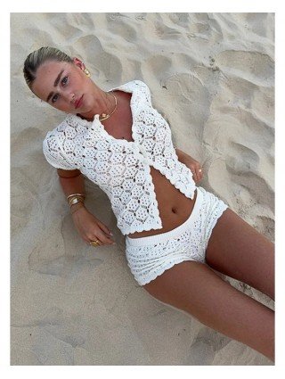 Women Crochet Hollow Out Top Shorts Set Fashion Round Neck