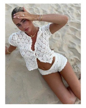 Women Crochet Hollow Out Top Shorts Set Fashion Round Neck