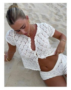Women Crochet Hollow Out Top Shorts Set Fashion Round Neck