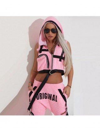 Oshoplive Fashion Hooded Zipper Sleeveless Vest&Letter Print