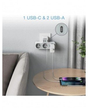EU Plug Power Strip with 3 AC Outlets +2 USB Ports+ 1 Type C