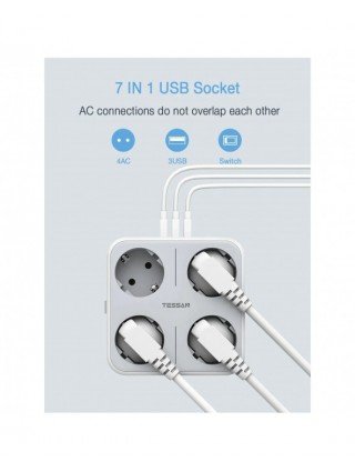 USB Wall Socket Extender with 4 AC Outlets +3 USB Ports 5V 2.4A