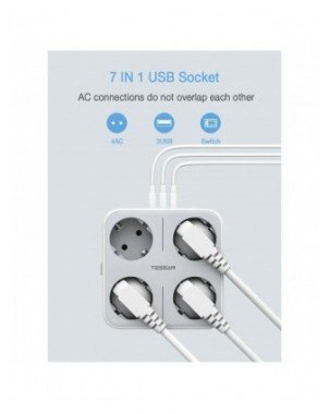 USB Wall Socket Extender with 4 AC Outlets +3 USB Ports 5V 2.4A