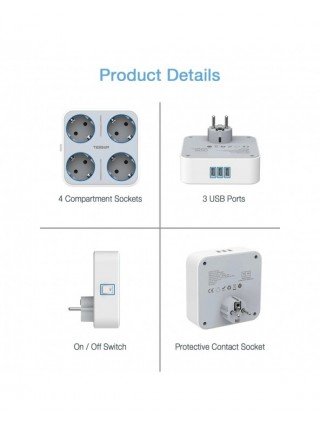 USB Wall Socket Extender with 4 AC Outlets +3 USB Ports 5V 2.4A