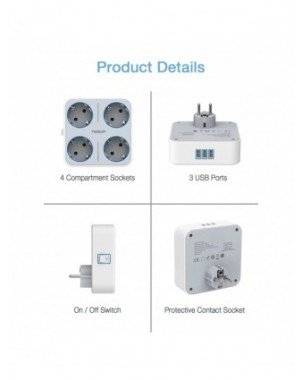 USB Wall Socket Extender with 4 AC Outlets +3 USB Ports 5V 2.4A