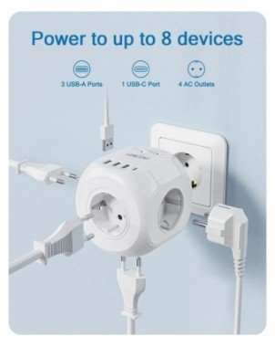 EU Plug Wall Socket Extender with 4 AC Outlets+3 USB +1 Type C