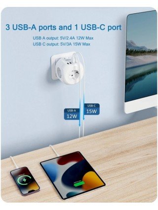 EU Plug Wall Socket Extender with 4 AC Outlets+3 USB +1 Type C