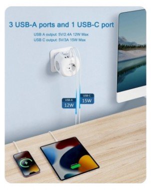 EU Plug Wall Socket Extender with 4 AC Outlets+3 USB +1 Type C