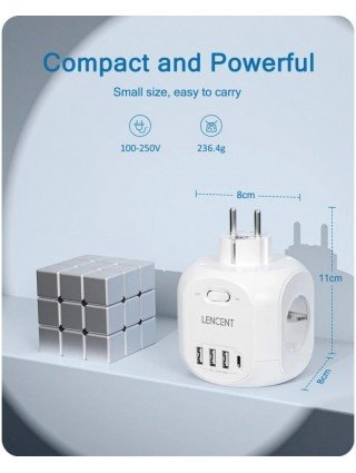 EU Plug Wall Socket Extender with 4 AC Outlets+3 USB +1 Type C