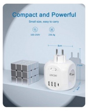 EU Plug Wall Socket Extender with 4 AC Outlets+3 USB +1 Type C