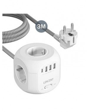 EU Plug Power Strip with 4 AC Outlets 3 USB Port 1 Type C 2M/3M