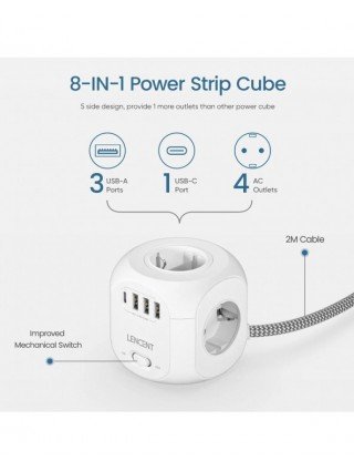 EU Plug Power Strip with 4 AC Outlets 3 USB Port 1 Type C 2M/3M