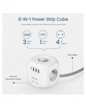 EU Plug Power Strip with 4 AC Outlets 3 USB Port 1 Type C 2M/3M