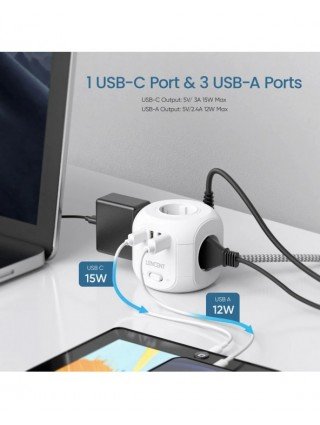 EU Plug Power Strip with 4 AC Outlets 3 USB Port 1 Type C 2M/3M