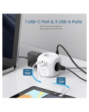 EU Plug Power Strip with 4 AC Outlets 3 USB Port 1 Type C 2M/3M