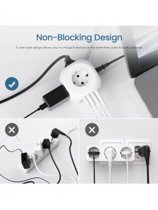 EU Plug Power Strip with 4 AC Outlets 3 USB Port 1 Type C 2M/3M
