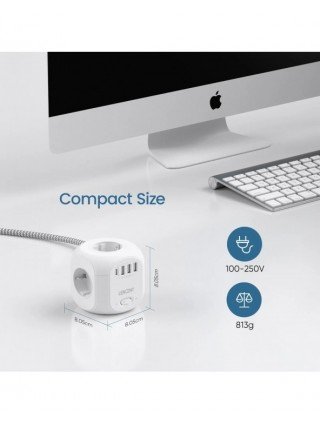 EU Plug Power Strip with 4 AC Outlets 3 USB Port 1 Type C 2M/3M