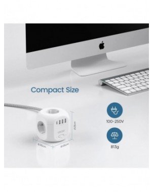 EU Plug Power Strip with 4 AC Outlets 3 USB Port 1 Type C 2M/3M