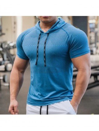 Men Running Hoodies Bodybuilding Sport Hooded Short Sleeve Gyms