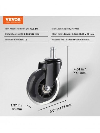 2/3 inch Set of 5 Office Chair Wheels Replacement Computer