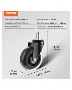 2/3 inch Set of 5 Office Chair Wheels Replacement Computer