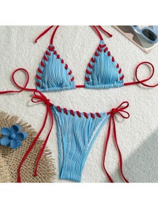Halter Wrinkled Weave Bikini Set Women Swimwear Female Swimsuit
