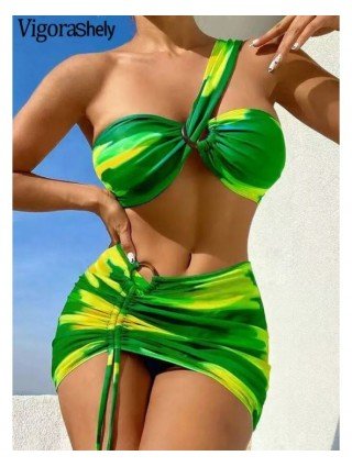 Lady Print 3 Piece Skirt Bikini Set Women One-should Swimsuit