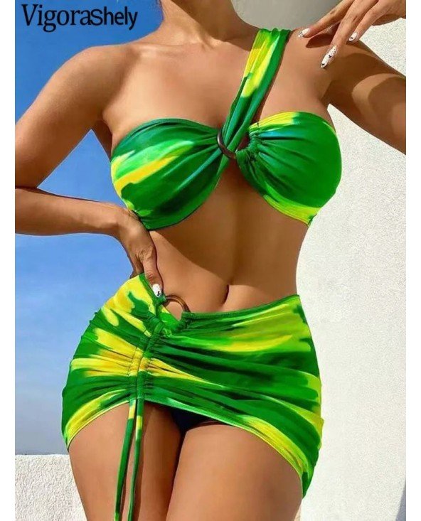 Lady Print 3 Piece Skirt Bikini Set Women One-should Swimsuit