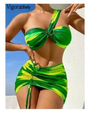Lady Print 3 Piece Skirt Bikini Set Women One-should Swimsuit