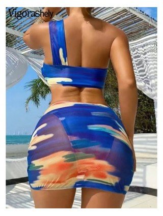Lady Print 3 Piece Skirt Bikini Set Women One-should Swimsuit