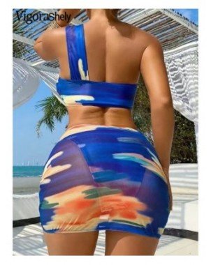 Lady Print 3 Piece Skirt Bikini Set Women One-should Swimsuit