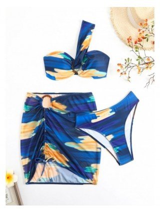 Lady Print 3 Piece Skirt Bikini Set Women One-should Swimsuit