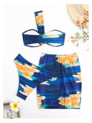 Lady Print 3 Piece Skirt Bikini Set Women One-should Swimsuit
