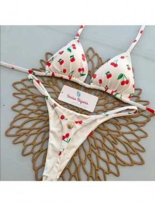 Print Sexy Bikini Sets Halter Lace-up Tops Thongs Beach Style