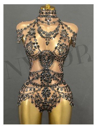 Sparkly Rhinestones Bodysuit for Women Sexy Mesh Transparent