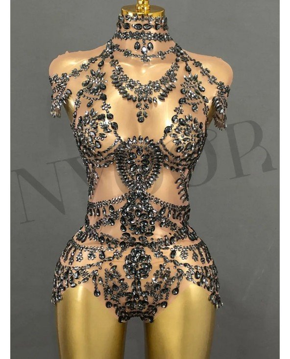 Sparkly Rhinestones Bodysuit for Women Sexy Mesh Transparent Performan