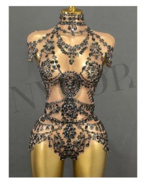 Sparkly Rhinestones Bodysuit for Women Sexy Mesh Transparent