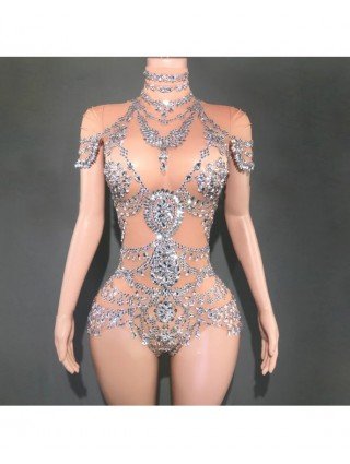 Sparkly Rhinestones Bodysuit for Women Sexy Mesh Transparent