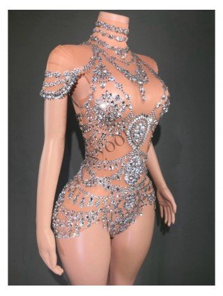 Sparkly Rhinestones Bodysuit for Women Sexy Mesh Transparent