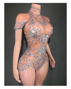 Sparkly Rhinestones Bodysuit for Women Sexy Mesh Transparent