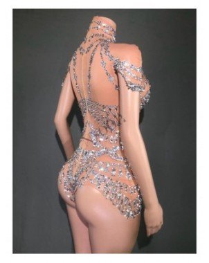 Sparkly Rhinestones Bodysuit for Women Sexy Mesh Transparent