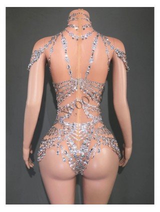 Sparkly Rhinestones Bodysuit for Women Sexy Mesh Transparent
