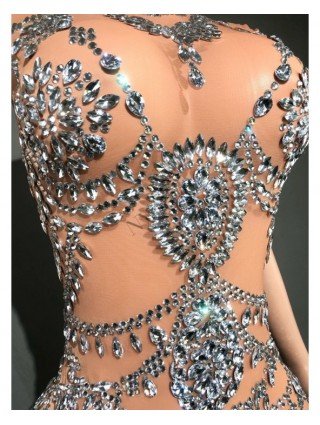 Sparkly Rhinestones Bodysuit for Women Sexy Mesh Transparent