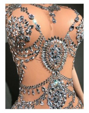 Sparkly Rhinestones Bodysuit for Women Sexy Mesh Transparent