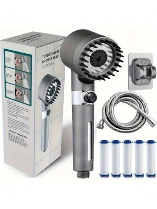 Ion drop shower head with handheld filter shower, turbocharger