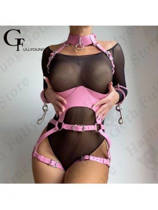 Seksuali apranga-Apatinis trikotažas-Pink Leather Pu Sexy